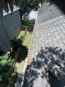 gutter cleaning service removing debris from a roof gutter system near a residential property