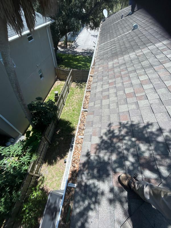 gutter cleaning service removing debris from a roof gutter system near a residential property
