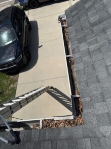 gutter cleaning with a ladder positioned alongside a roof and debris accumulation visible in the gutter