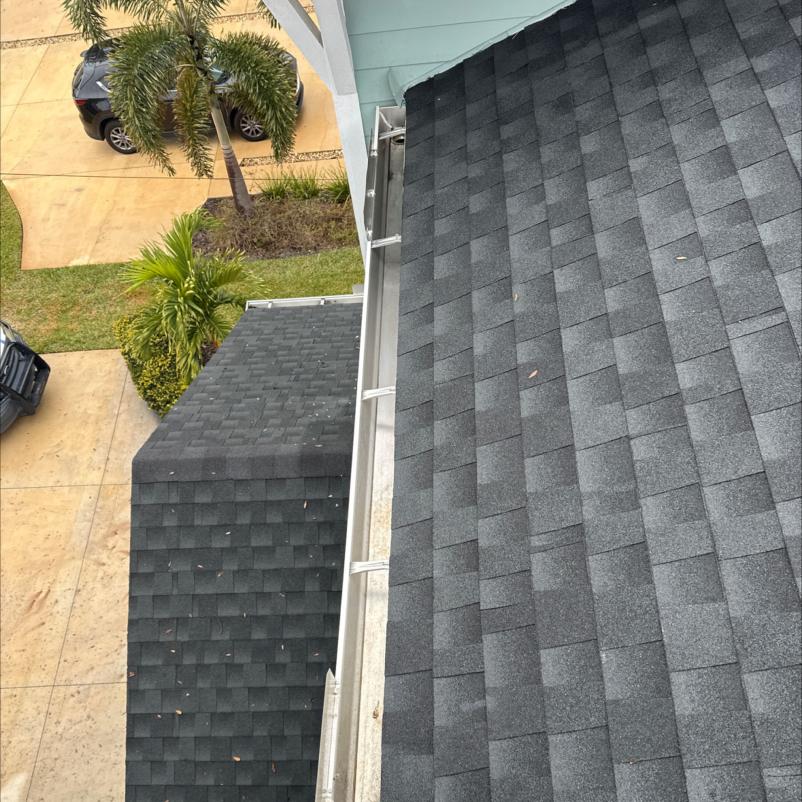 aerial view of dark gray shingles and a gutter system on a residential roof with surrounding palm trees and driveway
