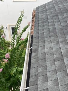 gutter cleaning with debris accumulation visible on the edge of the roof and nearby foliage