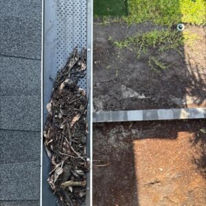 gutter cleaning showing debris such as leaves and twigs accumulated in the gutter system next to clean ground area
