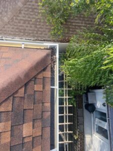 gutter cleaning service showing debris on the roof near the gutter with tools and ladder nearby