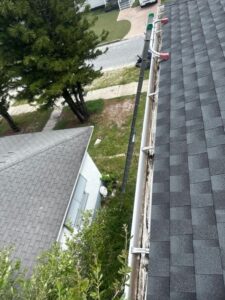 gutter cleaning service being performed with a ladder positioned against the roof near a residential area with trees