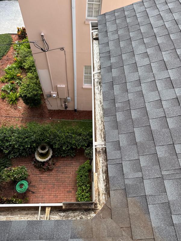 gutter cleaning showing debris buildup on a roof edge with landscaping visible below