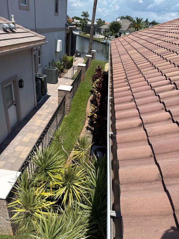 gutter cleaning and maintenance on a residential roof with a clear view of landscaping and a waterway nearby