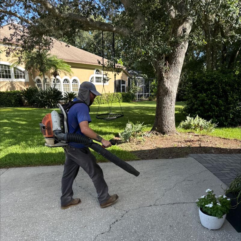 a worker using a backpack blower to clear leaves and debris in a residential yard with lush green grass and shrubs