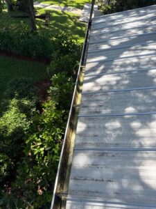 gutter cleaning service showing debris buildup on a metal gutter with green foliage below